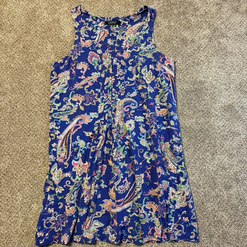 Lauren Ralph Lauren Dress Womens S Blue Paisley Sleeveless Pintuck Tank Shift